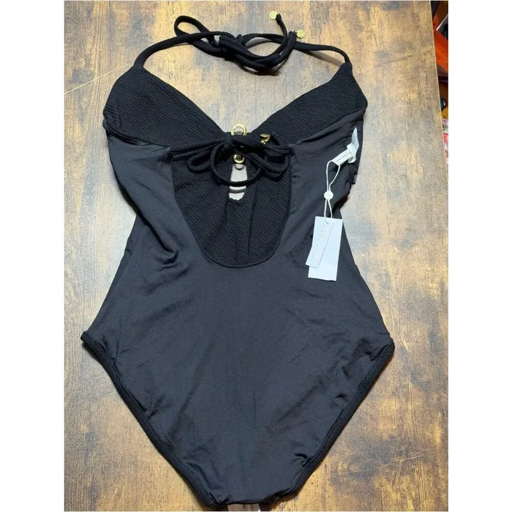 Trina Turk Textured Black Halter One Piece Swimsuit NWT Size 14 Luxe Gold Detail